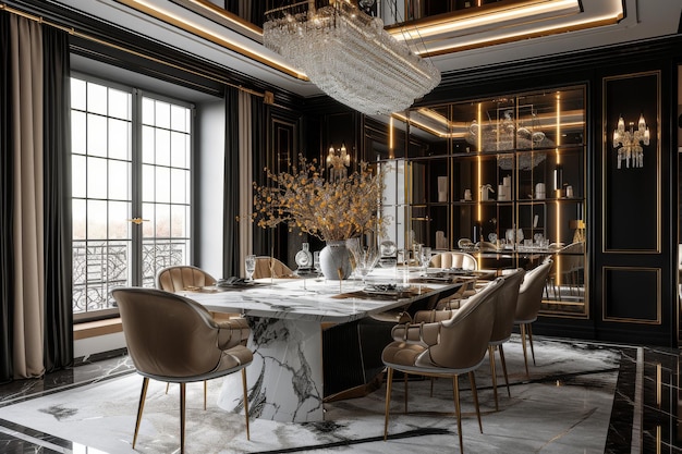 Salle à manger Art déco avec une table en marbre et des chaises à manger rembourrées