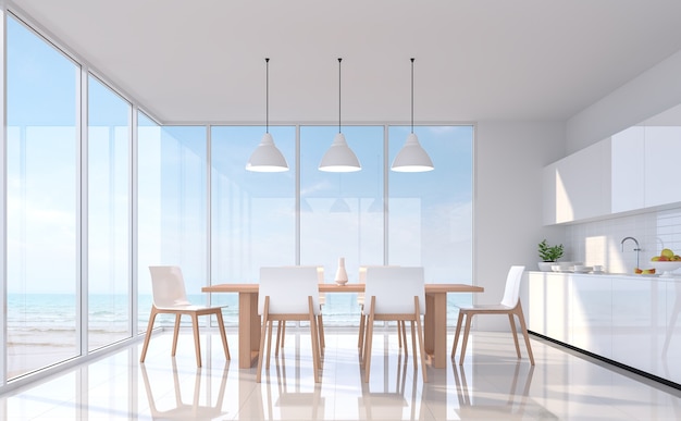 Salle à manger blanche moderne avec vue sur la mer rendu 3dIl y a des meubles en bois au sol en carrelage blanc