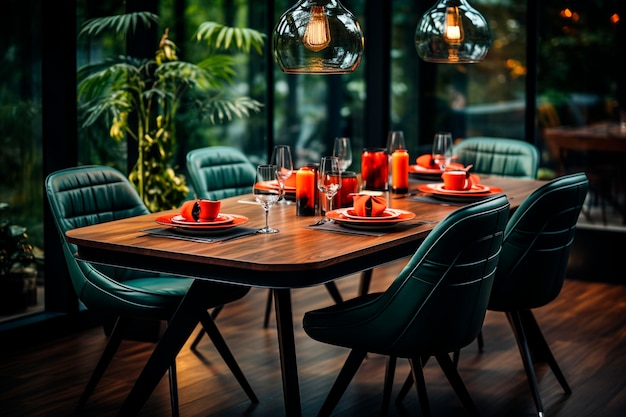 Salle à manger bleue classique classique dans une cuisine moderne avec plancher en bois murs bleus classiques avec chaises en parquet