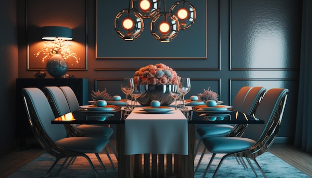 Salle à manger bleue moderne grandes chaises confortables et table avec des fleurs AI générative
