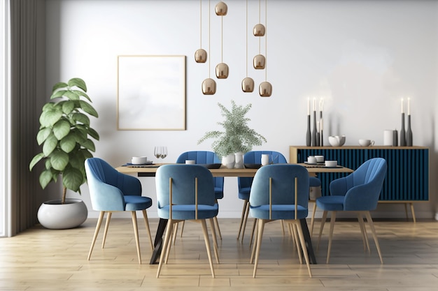 Une salle à manger avec une chaise bleue et une plante au mur