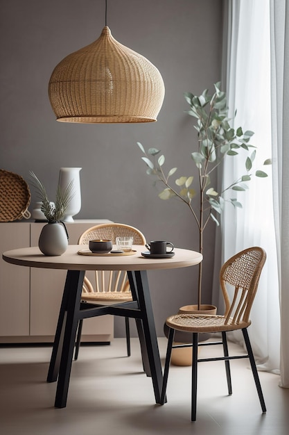 Une salle à manger avec une chaise en rotin et une table avec des chaises et une lampe.