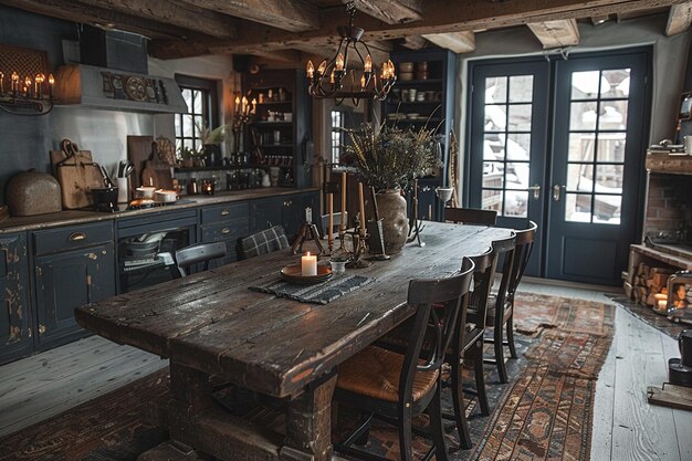 Salle à manger chaleureuse et accueillante avec une table de ferme rustique et des chandeliers super détaillés