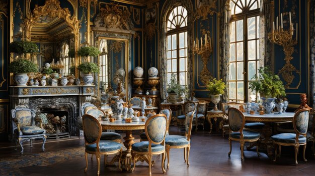 Salle à manger avec cheminée, table et chaises