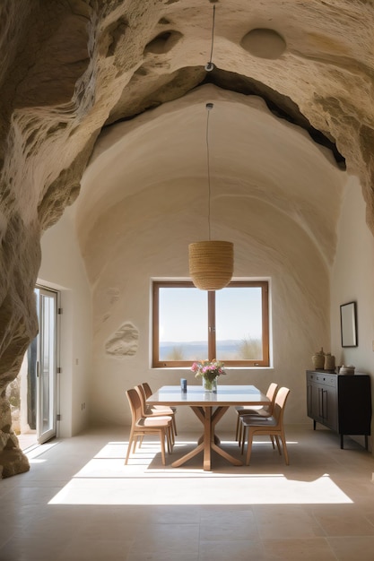 Une salle à manger confortable à l'intérieur d'une grotte de pierre lisse