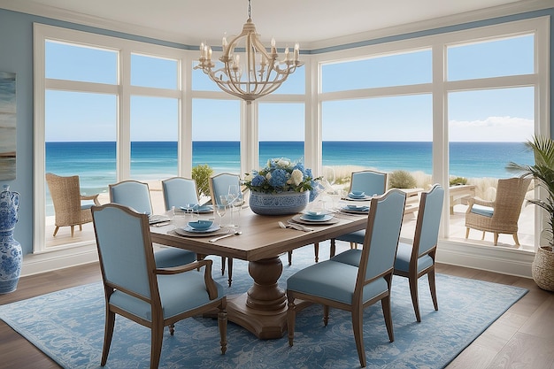 Salle à manger côtière Elegance au bord de la plage et vue sur l'océan