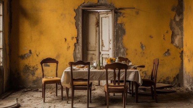 Une salle à manger dans une maison avec un mur jaune et une porte qui a été enlevée.