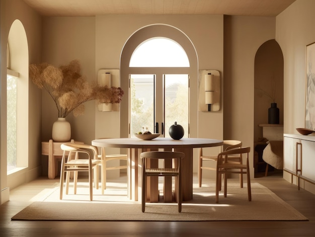 Salle à manger dans des tons beiges avec table et chaises en bois le sol en bois est recouvert de moquette la lumière naturelle brille à travers une fenêtre AI générative