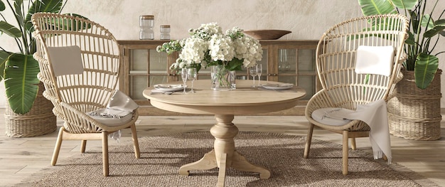 salle à manger design avec palmiers dans un intérieur confortable de style Hampton illustration de rendu 3d