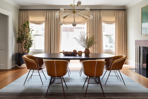 Salle à manger du milieu du siècle avec table et chaises élégantes recouvertes de cuir élégant