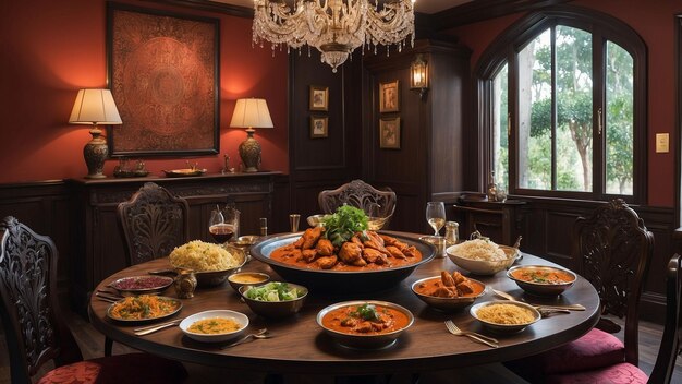 Une salle à manger élégante et bien éclairée dispose d'une table en bois foncé ornée d'un poulet fraîchement préparé