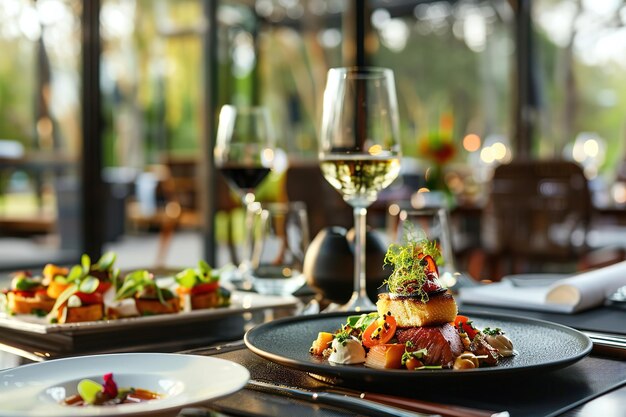 Une salle à manger élégante avec des plats gourmets et des verres à vin.