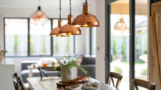 La salle à manger est un mélange de simplicité scandinave et de charme industriel les lampes pendantes en cuivre