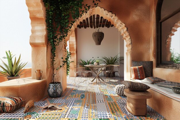 Une salle à manger extérieure d'inspiration marocaine avec une mosaïque