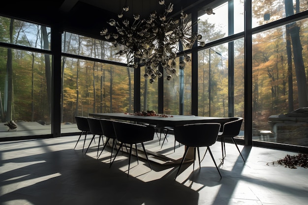 Une salle à manger avec un grand lustre suspendu au plafond.