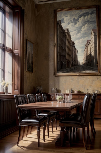 Une salle à manger avec un grand tableau au mur