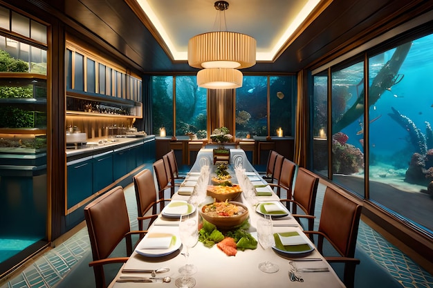 Une salle à manger avec une grande fenêtre qui dit "vie marine" dessus.