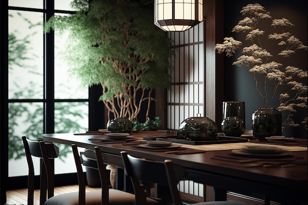 Une salle à manger avec une grande plante dans le coin