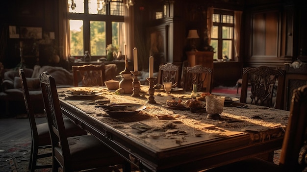 Une salle à manger avec une grande table et des chaises et une fenêtre avec le soleil qui brille.