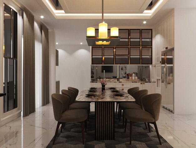 Une salle à manger avec une grande table et des chaises et un grand lustre suspendu au plafond.