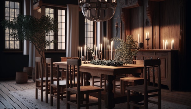 Une salle à manger avec une grande table et des chaises et un lustre qui dit 'noel'