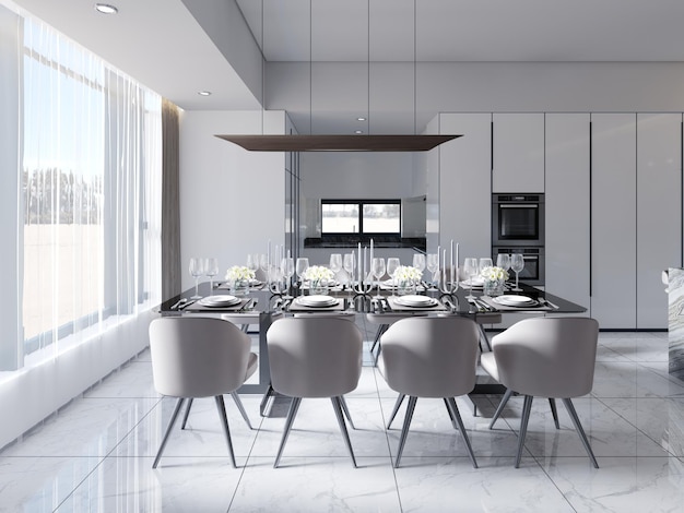 Salle à manger lumineuse en blanc et beige avec une grande table à manger en verre rendu 3d