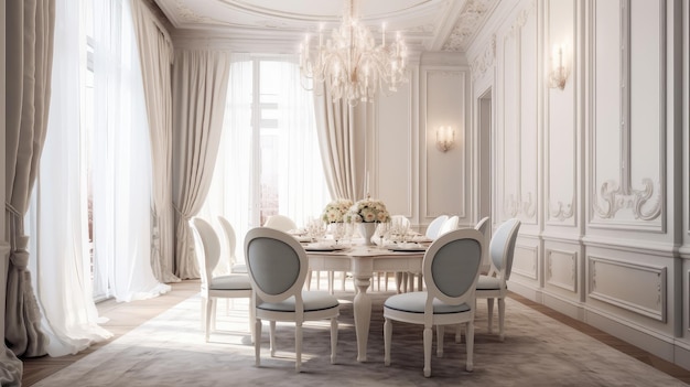 Une salle à manger avec un lustre et une table avec des chaises.