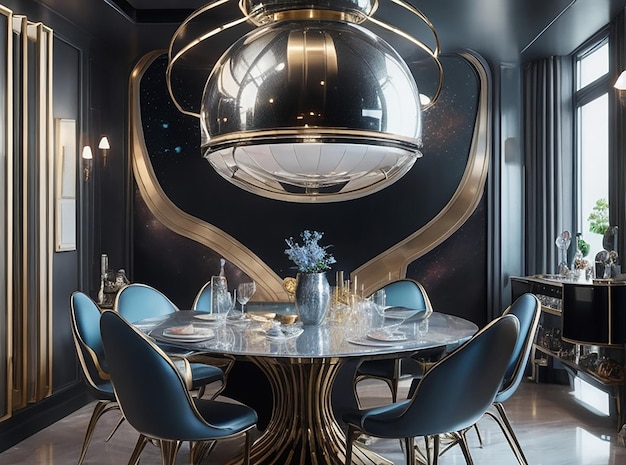 Salle à manger de luxe en rendu 3D dans une salle à manger de luxe moderne, salle d'éclairage futuriste