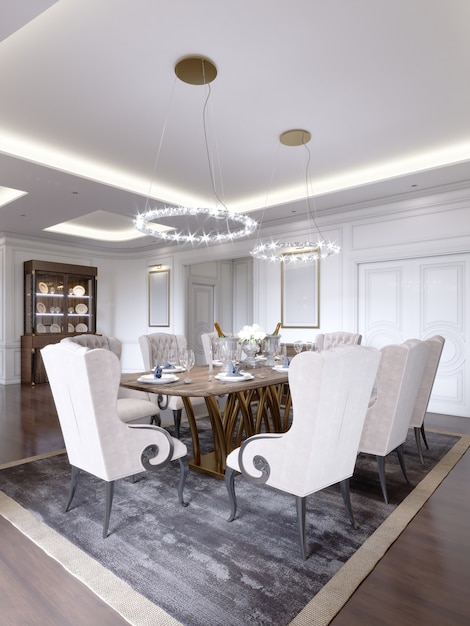 Salle à manger luxueuse avec une grande table et des chaises moelleuses dans un appartement classique. rendu 3D.