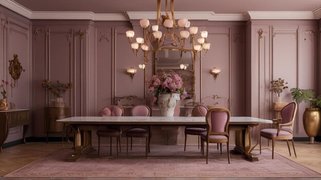 Une salle à manger luxueuse avec un lustre et des chaises en plumes.