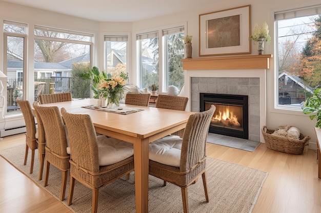 Salle à manger luxueuse avec une table élégante, de grandes fenêtres et une cheminée confortable