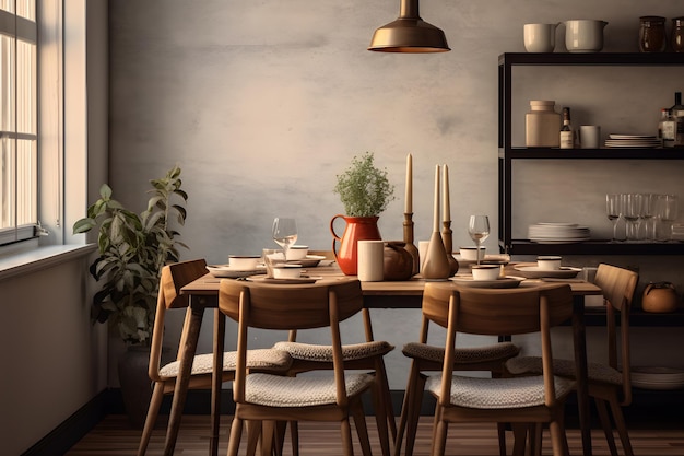 Une salle à manger avec un mélange de design scandinave et vintage