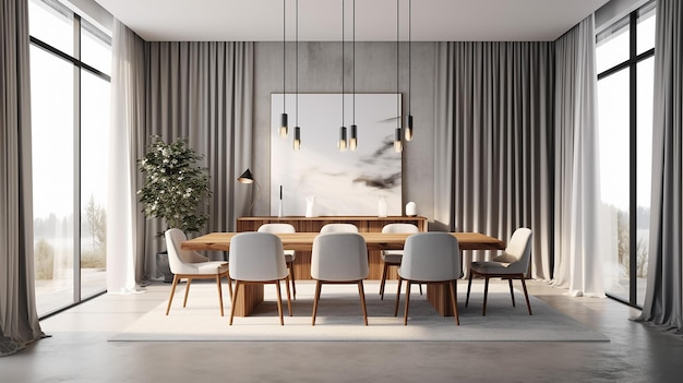 Une salle à manger minimaliste ouverte avec des murs blancs et un sol en bois Generative AI