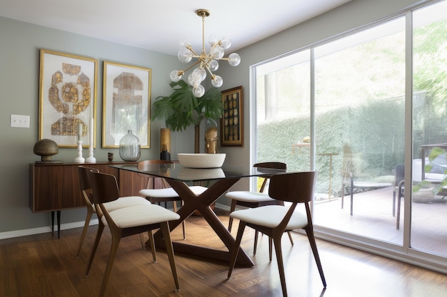 Salle à manger moderne du milieu du siècle avec des chaises élégantes et une table en verre