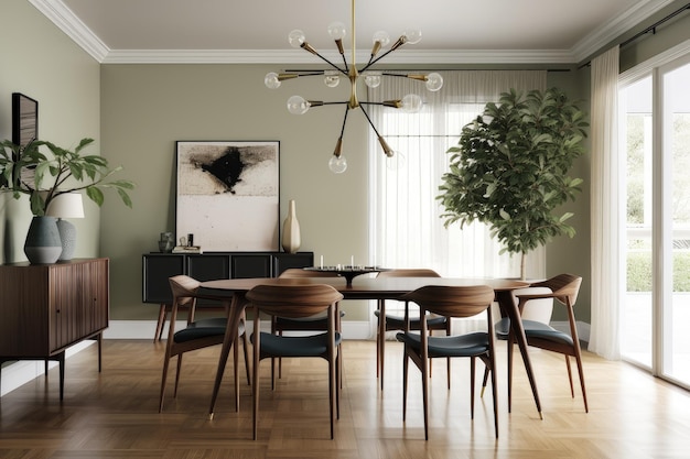 Salle à manger moderne du milieu du siècle avec des chaises et un lustre élégants et élégants