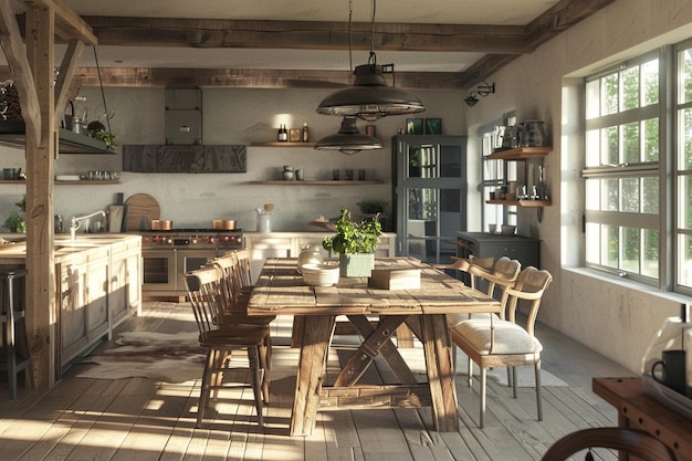 Salle à manger moderne de la ferme avec une salle à manger en bois rustique