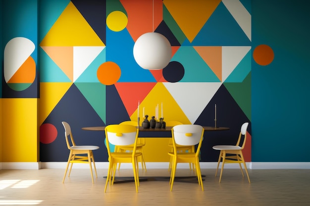 Salle à manger moderne avec des formes géométriques colorées sur le mur Generative AI