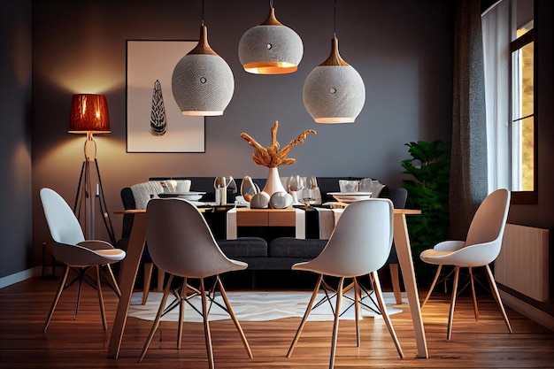 Salle à manger moderne avec lampes suspendues