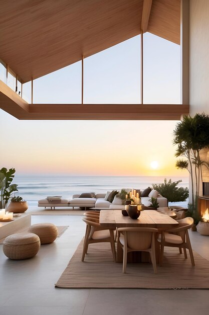 une salle à manger moderne avec une table et des chaises et une vue sur l'océan