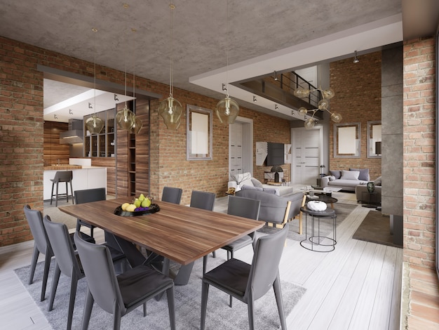 Salle à manger moderne avec table à manger et huit chaises dans un appartement de style loft avec cuisine et salon. rendu 3D.