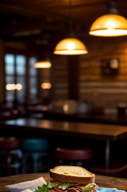 Une salle à manger avec un mur en bois et une lampe qui dit "le mot" dessus. "