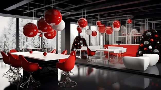 Une salle à manger de Noël moderne en rouge et blanc avec un ballon
