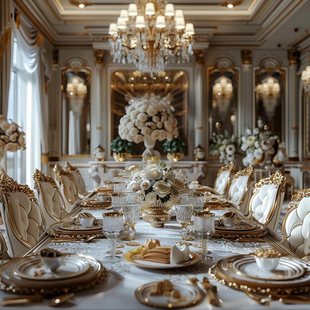 Une salle à manger opulente avec un lustre de cristal et une table élégante.