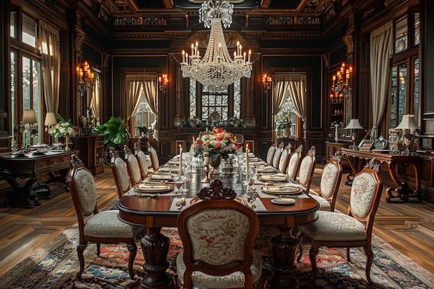 Salle à manger opulente avec un lustre de cristal et une table élégantehyperréaliste