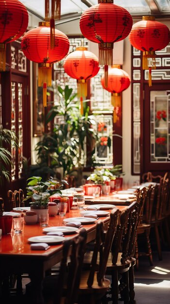 Photo salle à manger ornée dans le style de la cour traditionnelle chinoise