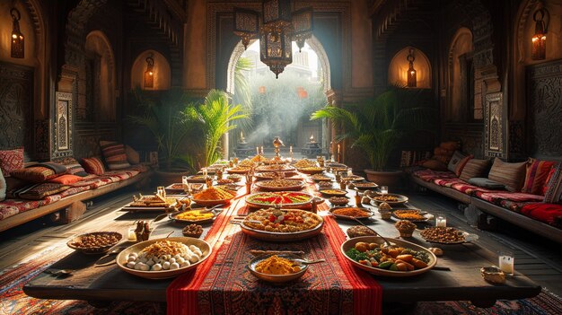 Une salle à manger ornée remplie d'une variété de plats du Moyen-Orient disposés chaleureusement sur une grande table