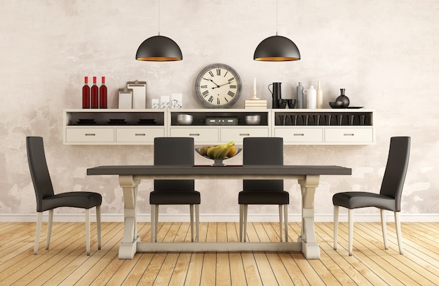 Salle à manger rétro noir et blanc avec vieille table et chaises intérieur 3d