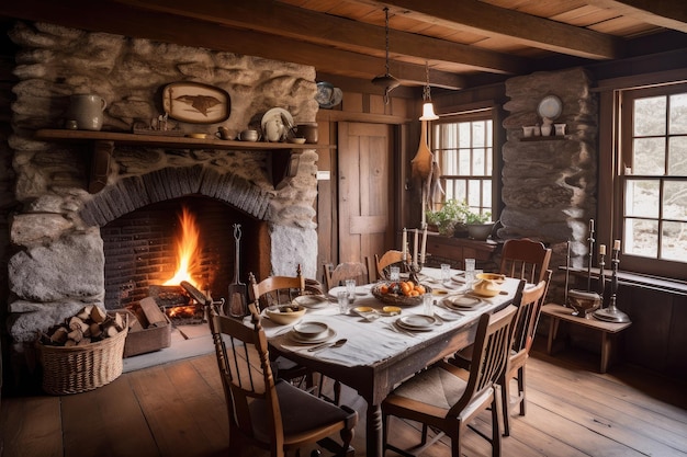 Salle à manger rustique avec cheminée, tables en bois et accessoires vintage