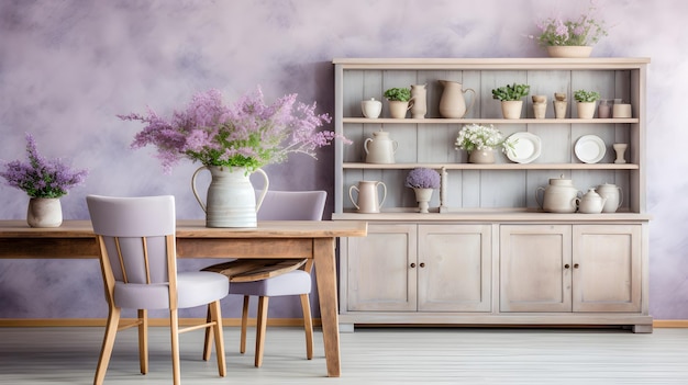 une salle à manger avec une table en bois et des murs violets intérieur de la ferme salle à manger à la lavande