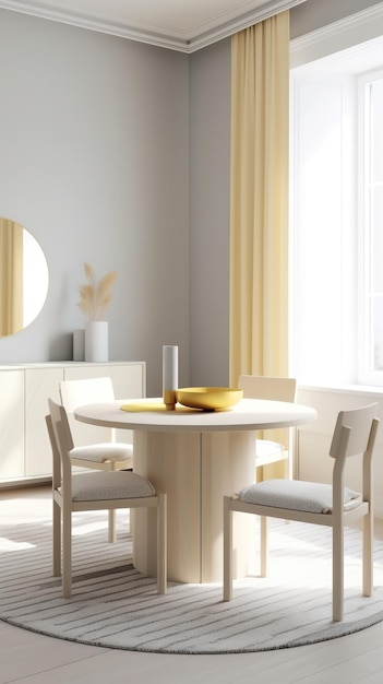 Une salle à manger avec une table et des chaises blanches et un miroir.